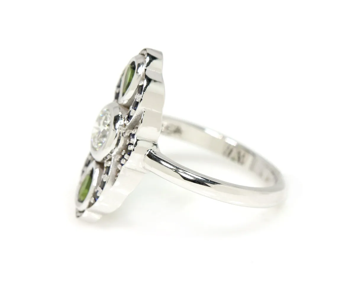 Vintage Inspired Blue Sapphire Tourmaline Diamond Engagement Ring