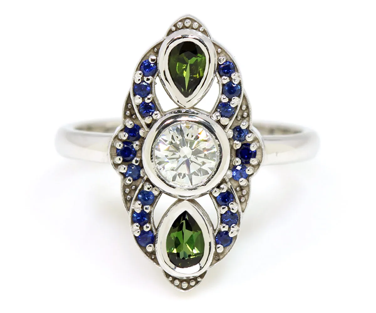 Vintage Inspired Blue Sapphire Tourmaline Diamond Engagement Ring