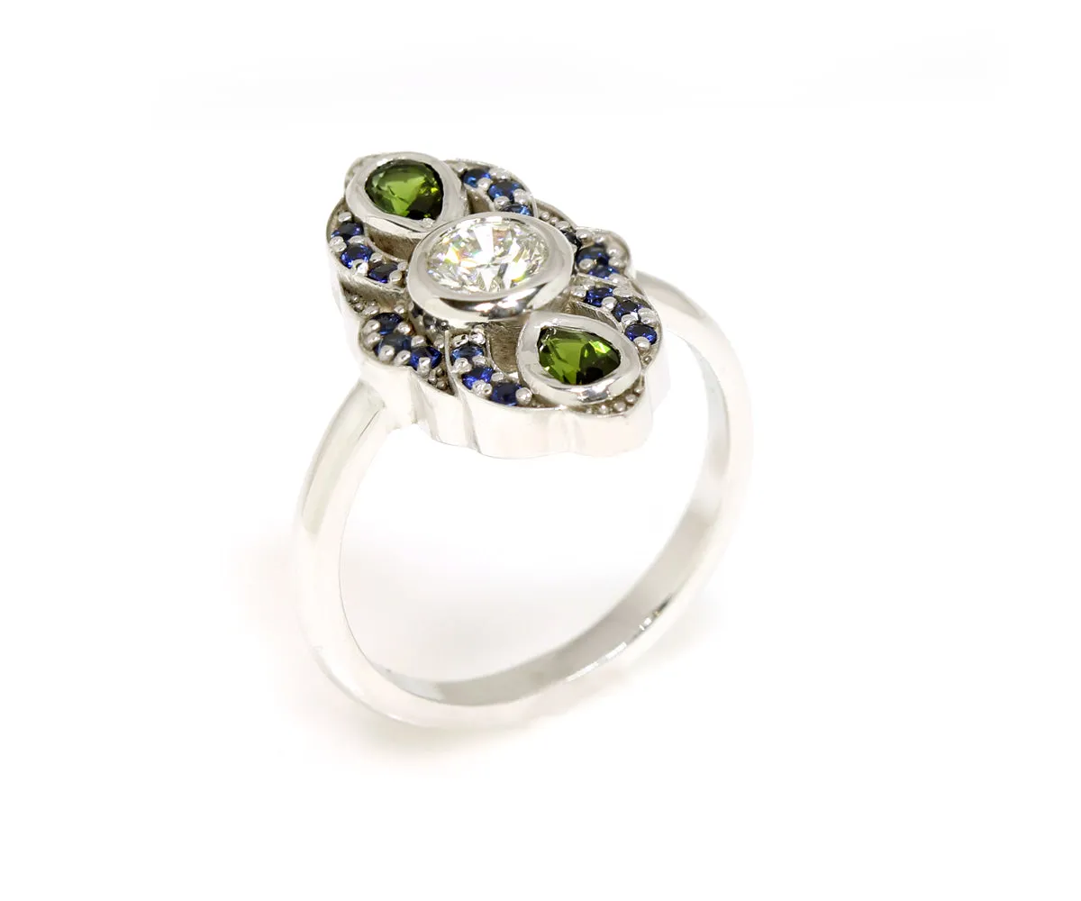 Vintage Inspired Blue Sapphire Tourmaline Diamond Engagement Ring
