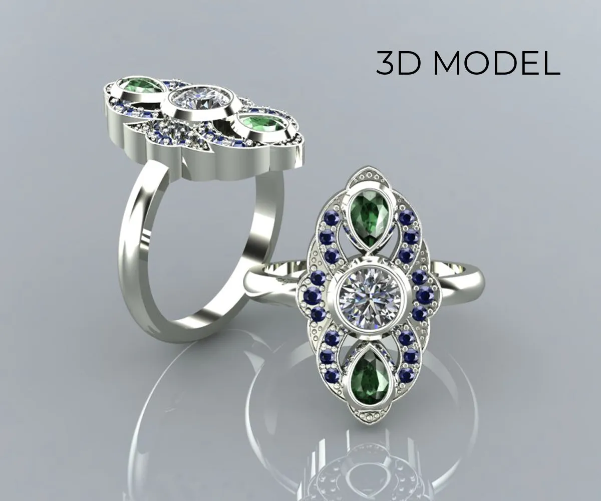 Vintage Inspired Blue Sapphire Tourmaline Diamond Engagement Ring