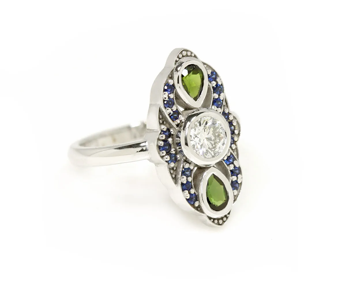 Vintage Inspired Blue Sapphire Tourmaline Diamond Engagement Ring
