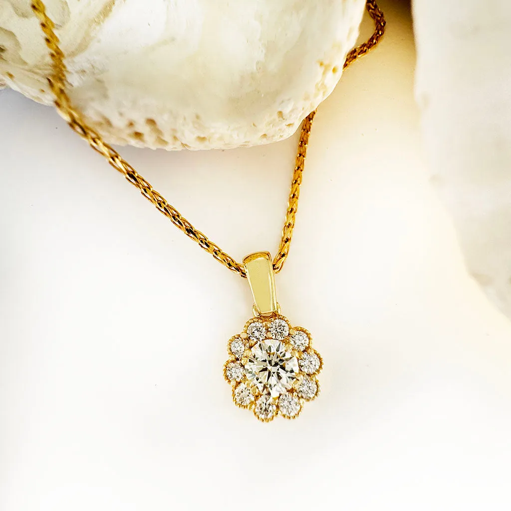 Vintage Inspired Floral White Diamond Yellow Gold Pendant