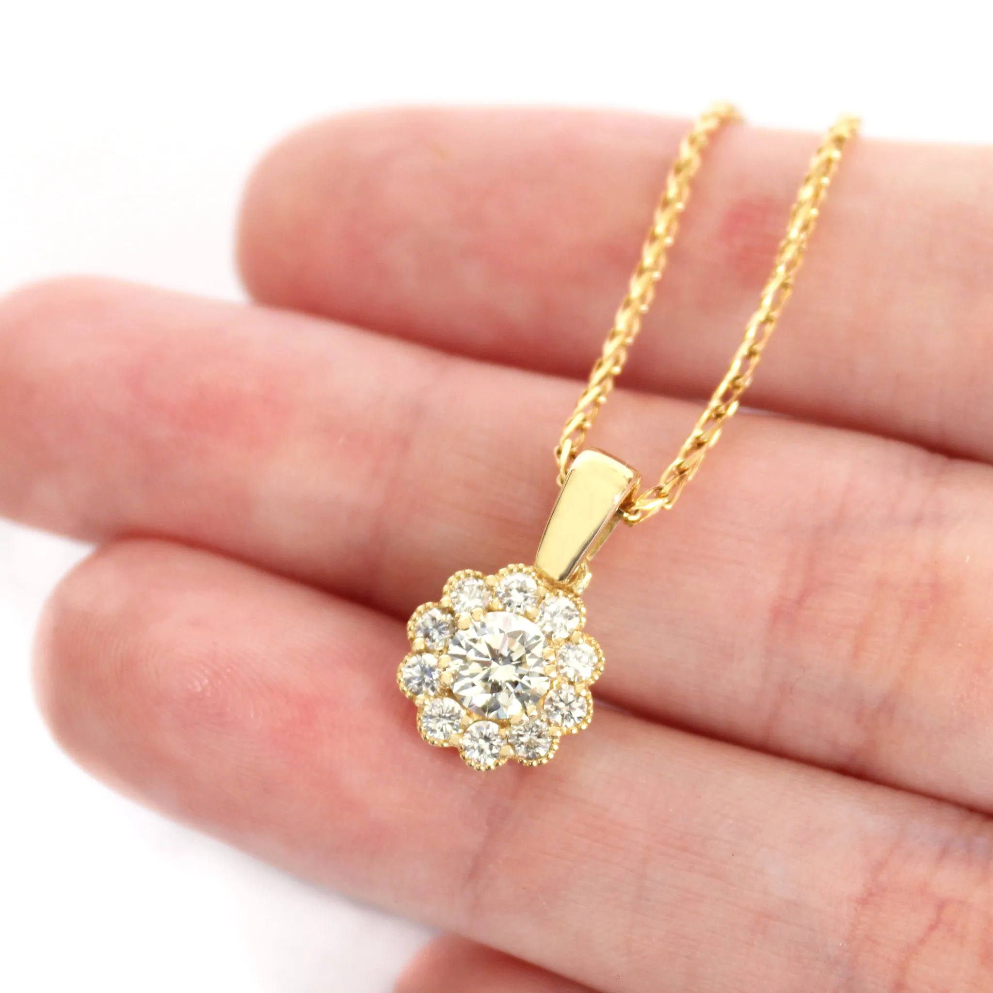 Vintage Inspired Floral White Diamond Yellow Gold Pendant