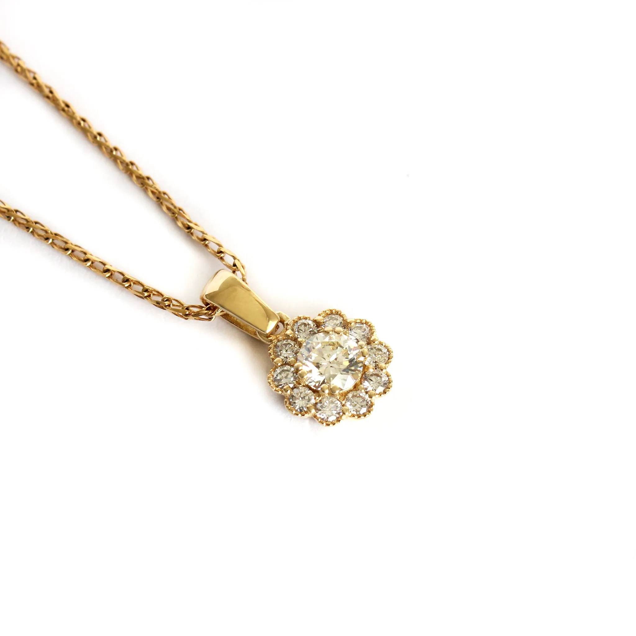 Vintage Inspired Floral White Diamond Yellow Gold Pendant