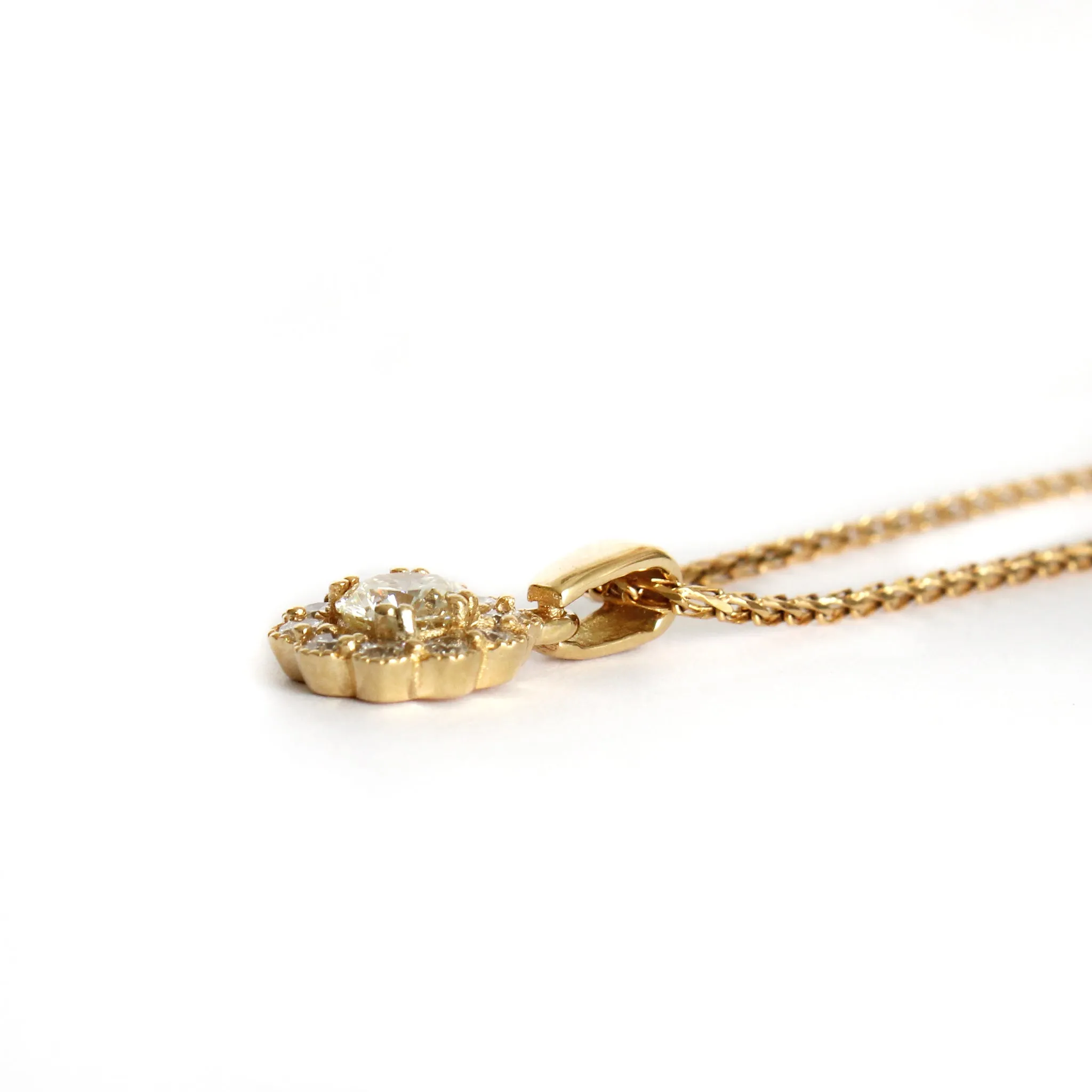 Vintage Inspired Floral White Diamond Yellow Gold Pendant