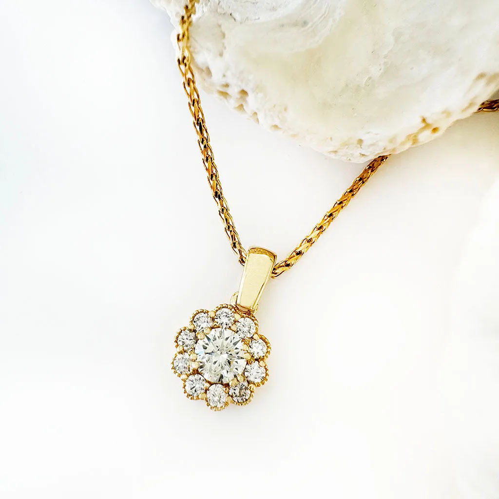 Vintage Inspired Floral White Diamond Yellow Gold Pendant