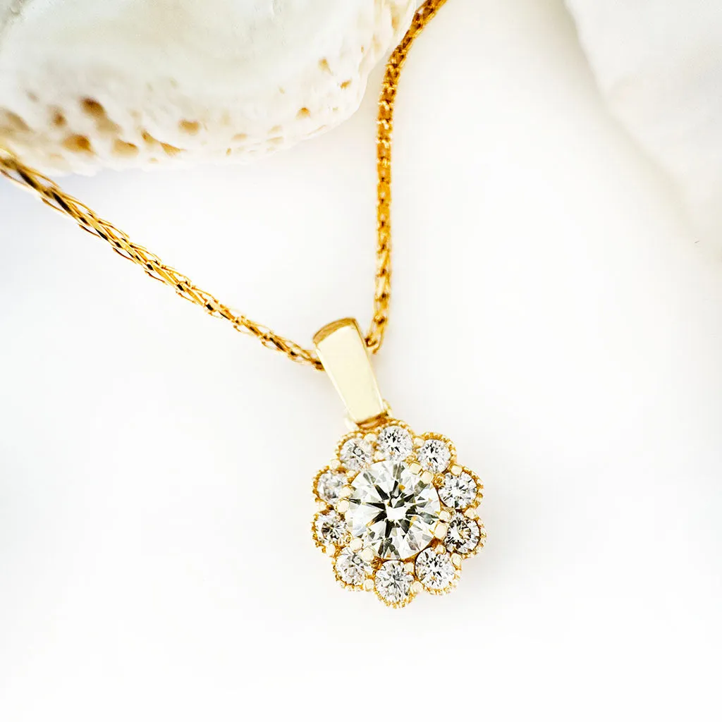 Vintage Inspired Floral White Diamond Yellow Gold Pendant