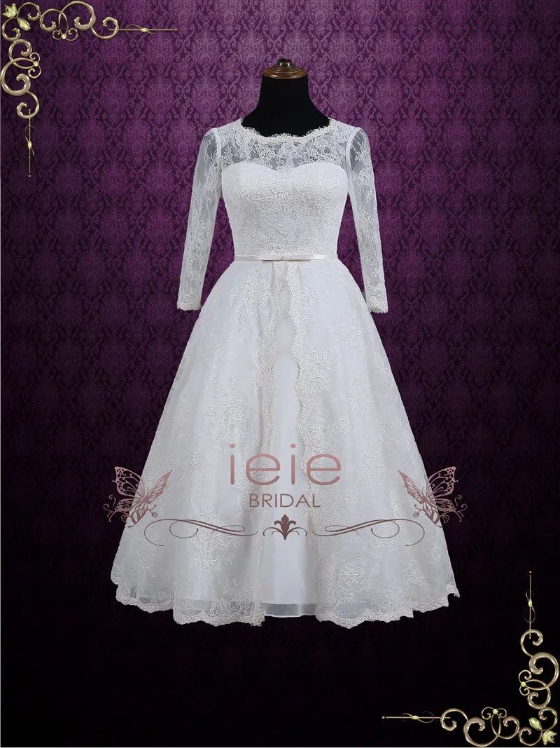 Vintage Inspired Tea Length Lace Wedding Dress with Sleeves MAYA