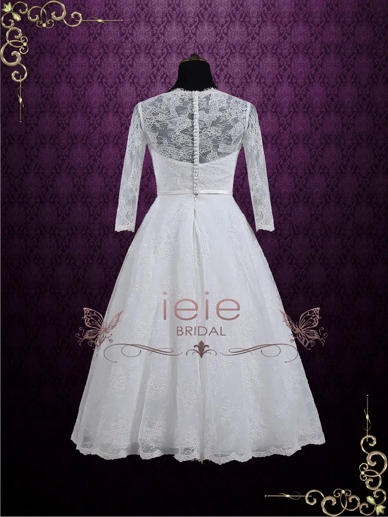 Vintage Inspired Tea Length Lace Wedding Dress with Sleeves MAYA