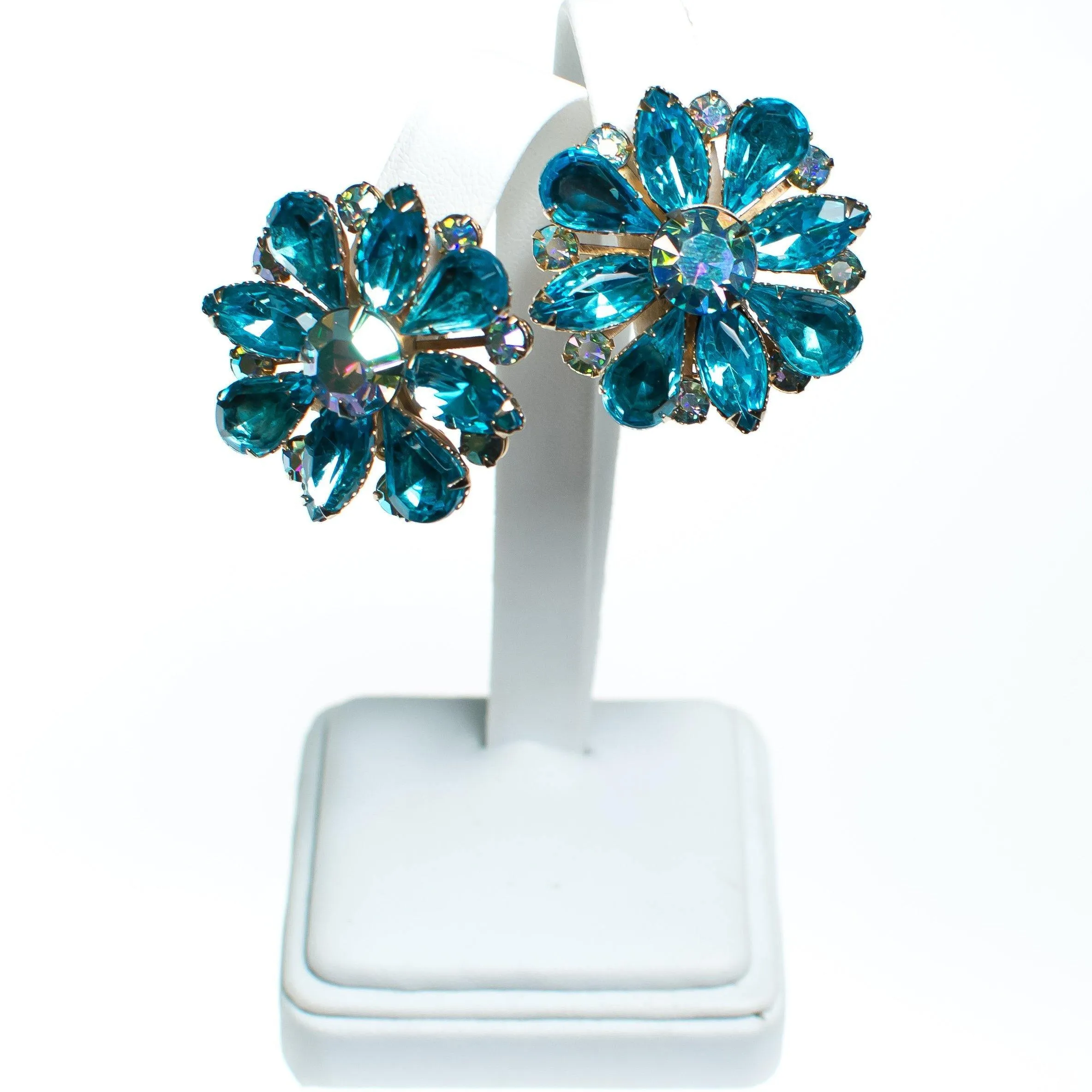 Vintage Judy Lee Aqua Blue Crystal Rhinestone Statement Earrings