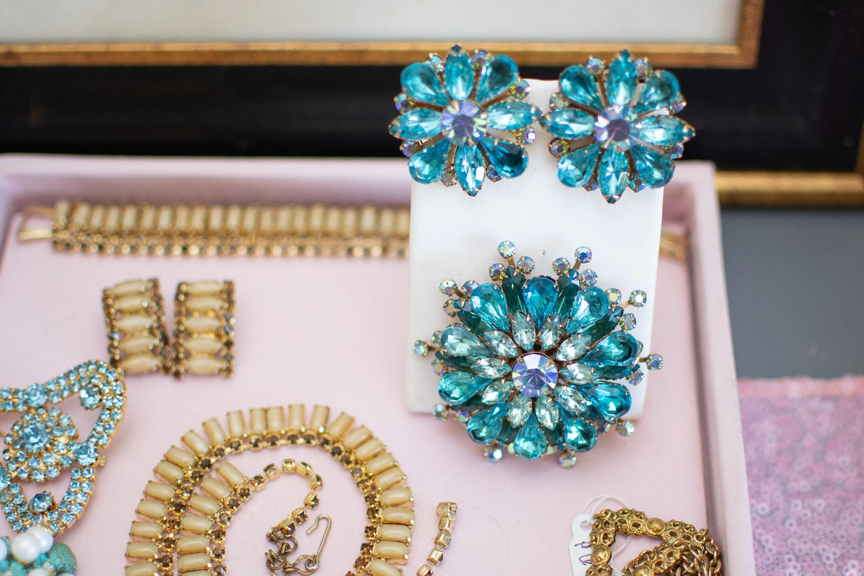 Vintage Judy Lee Aqua Blue Crystal Rhinestone Statement Earrings
