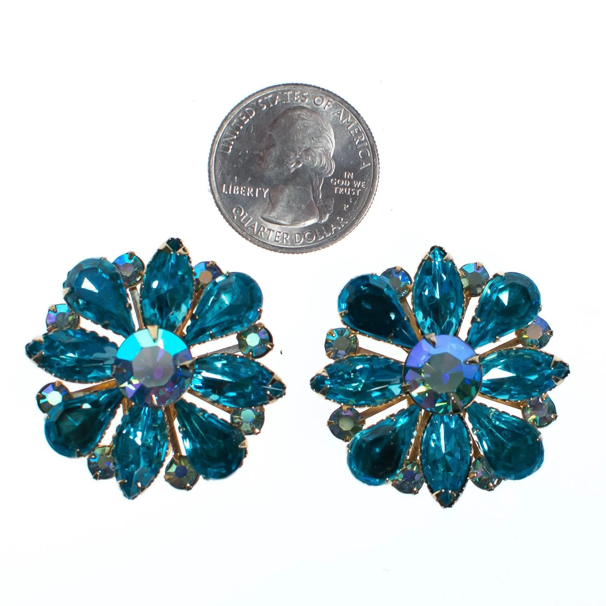 Vintage Judy Lee Aqua Blue Crystal Rhinestone Statement Earrings