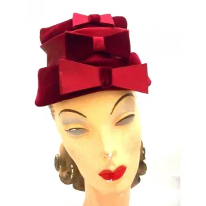 Vintage Ladies Cocktail Hat  Claret Red Velvet Marilyn NOS 1950s
