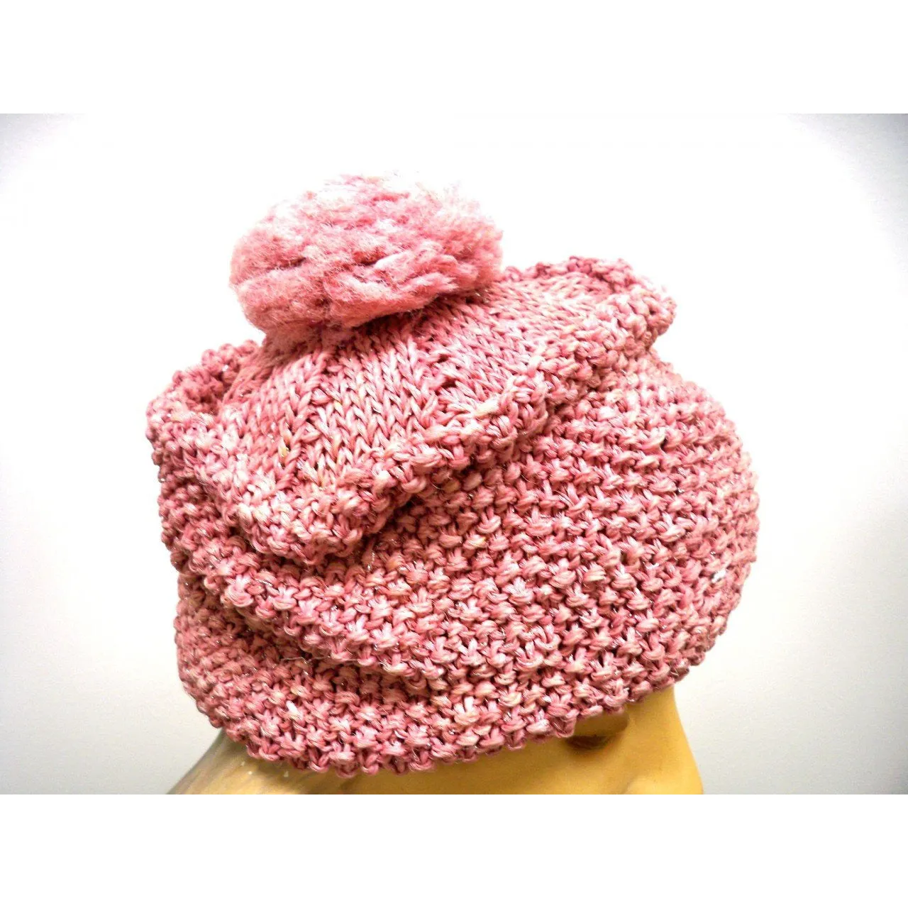 Vintage Ladies Knit Hat Dusty Rose Pink w/ PomPom Metallic Hand-Knit 1940S