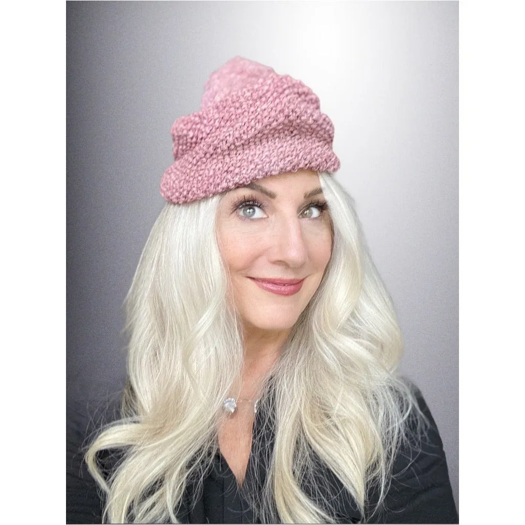 Vintage Ladies Knit Hat Dusty Rose Pink w/ PomPom Metallic Hand-Knit 1940S