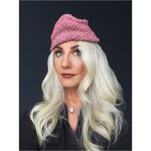 Vintage Ladies Knit Hat Dusty Rose Pink w/ PomPom Metallic Hand-Knit 1940S