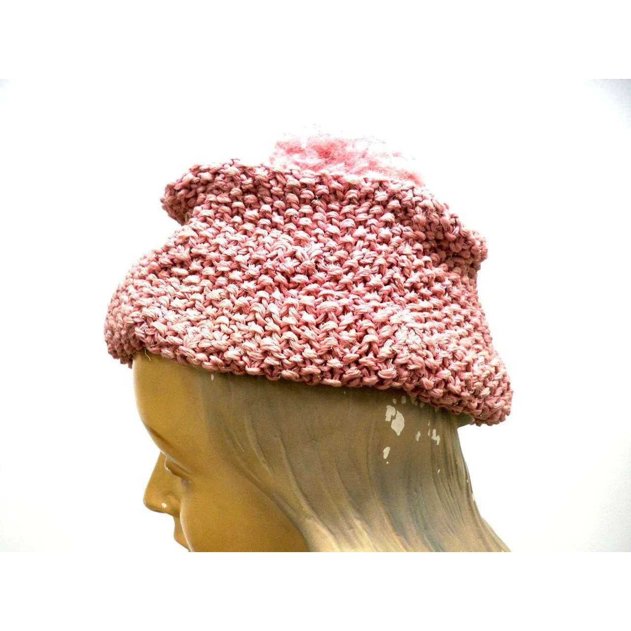Vintage Ladies Knit Hat Dusty Rose Pink w/ PomPom Metallic Hand-Knit 1940S