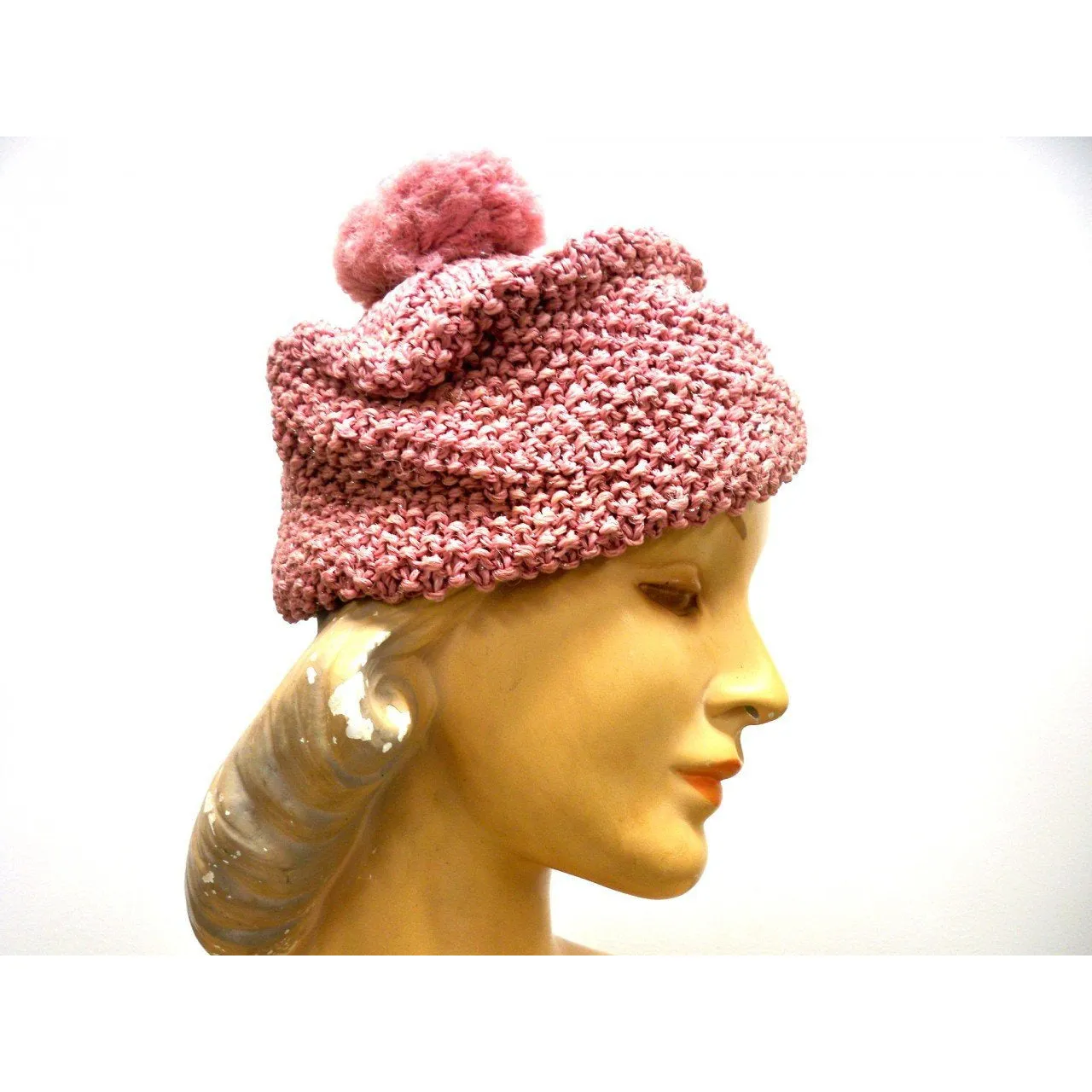 Vintage Ladies Knit Hat Dusty Rose Pink w/ PomPom Metallic Hand-Knit 1940S