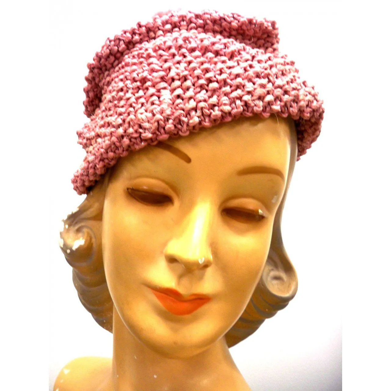 Vintage Ladies Knit Hat Dusty Rose Pink w/ PomPom Metallic Hand-Knit 1940S