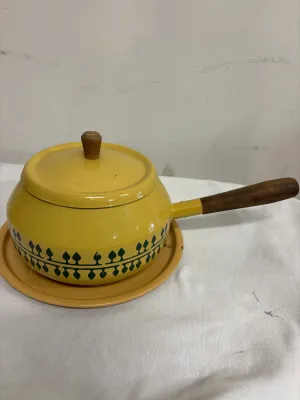 Vintage Mustard-Colored Enamel Covered Pot With Wood Handle and Knob - Made in Japan