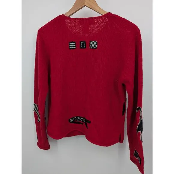 Vintage Susan Bristol Red Safari Themed Loose Knit Embroidered Cardigan Size S