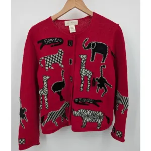Vintage Susan Bristol Red Safari Themed Loose Knit Embroidered Cardigan Size S