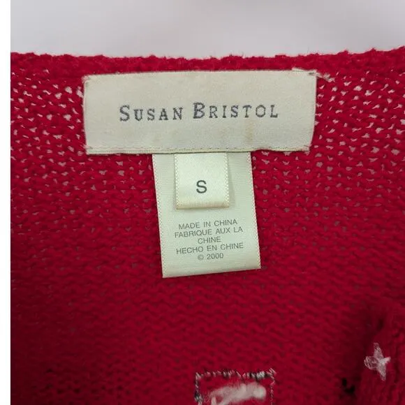 Vintage Susan Bristol Red Safari Themed Loose Knit Embroidered Cardigan Size S