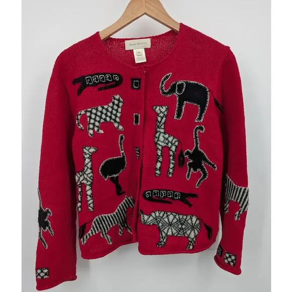 Vintage Susan Bristol Red Safari Themed Loose Knit Embroidered Cardigan Size S