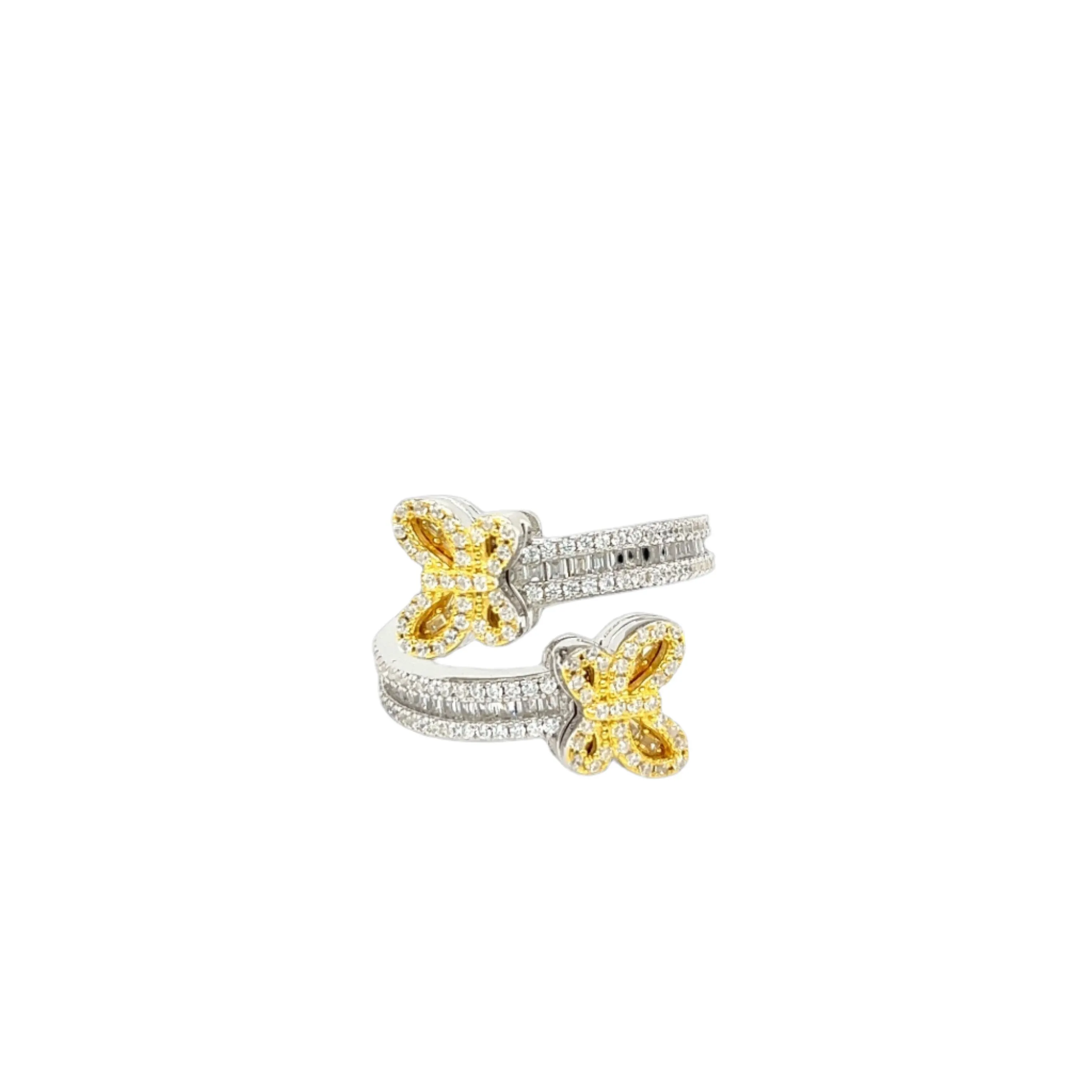 Whimsical Butterfly Open Ring with Yellow and Clear Cubic Zirconia - C10561159