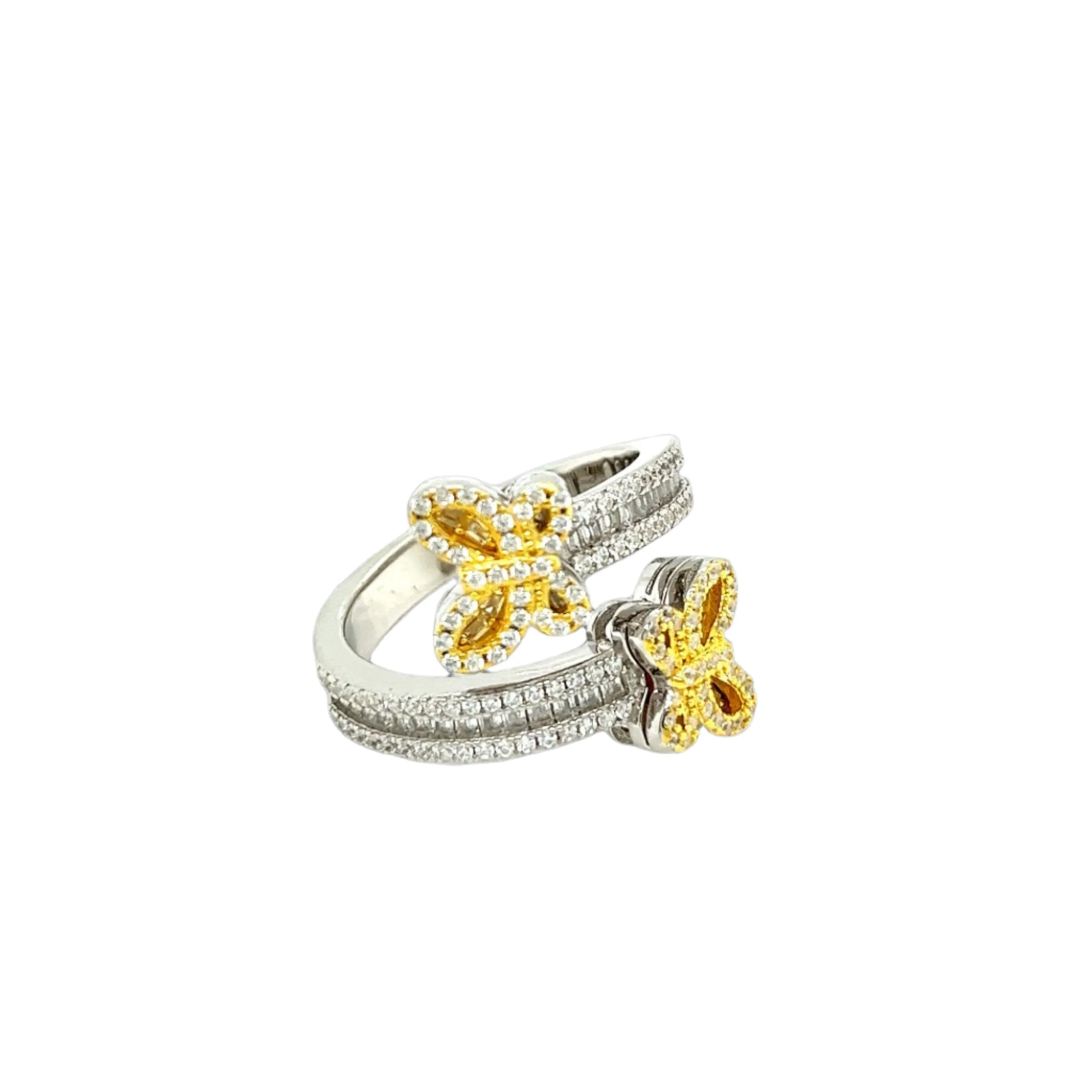 Whimsical Butterfly Open Ring with Yellow and Clear Cubic Zirconia - C10561159