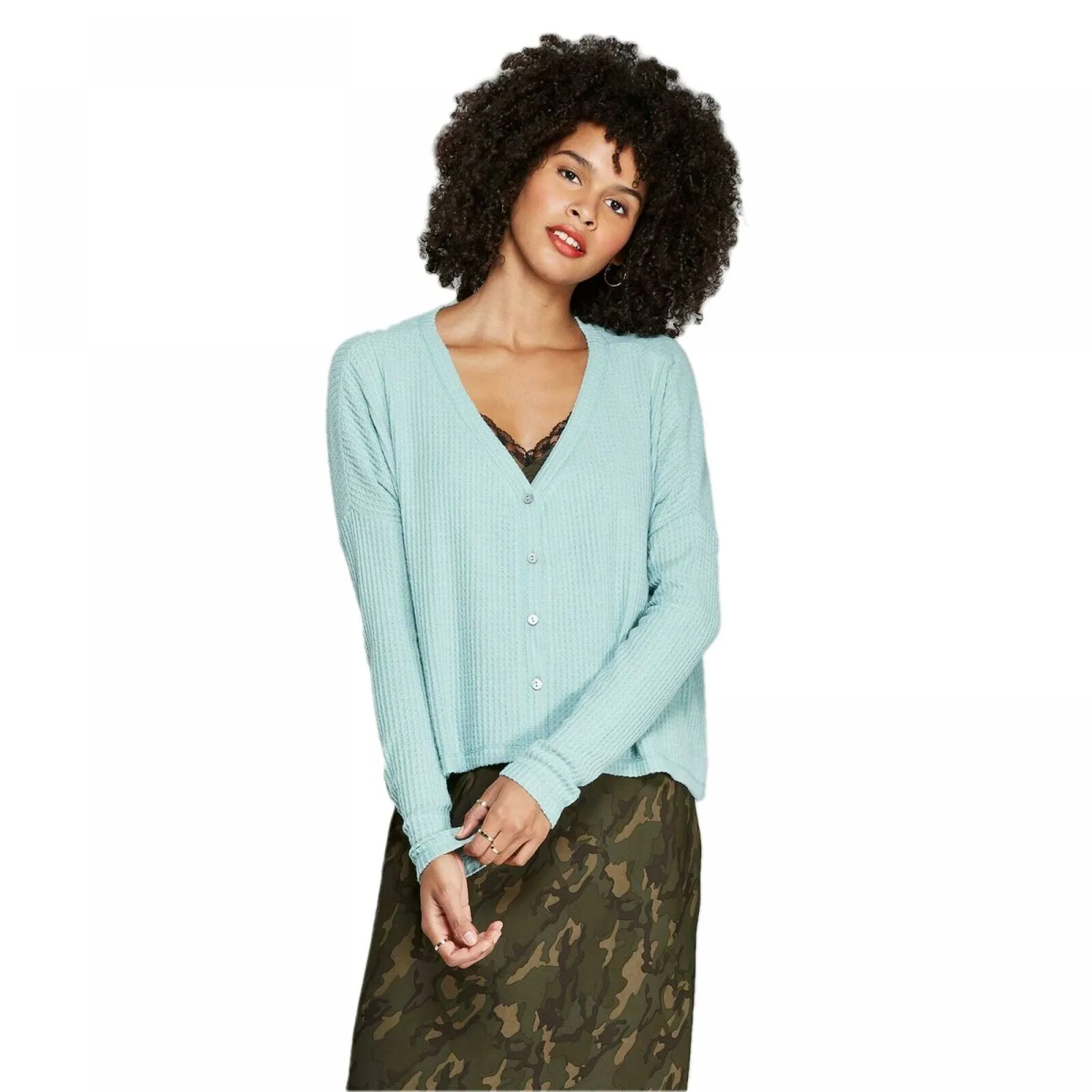 Wild Fable Women's Long Sleeve V-Neck Button Front Thermal Top