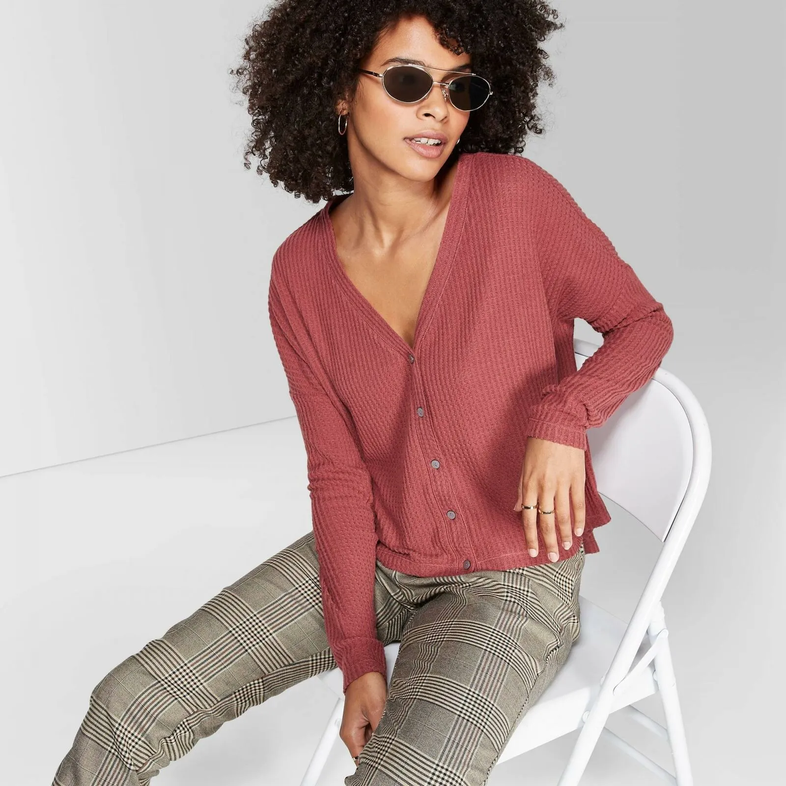 Wild Fable Women's Long Sleeve V-Neck Button Front Thermal Top