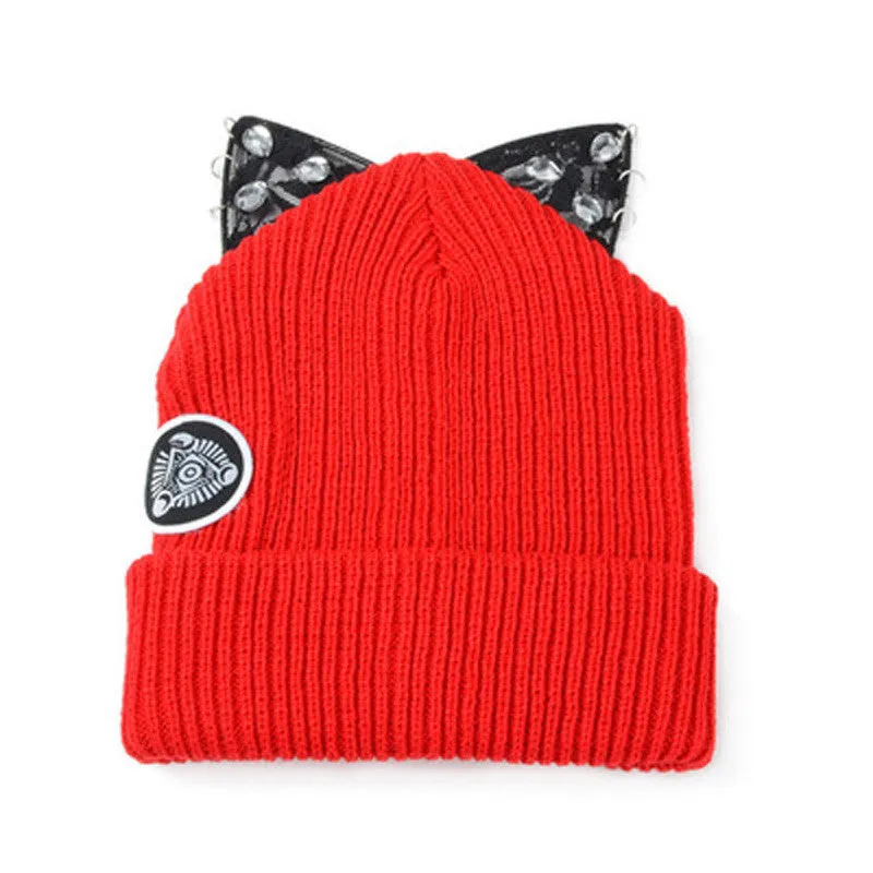 Winter Beanie Devil Cat Ear Lace Diamond Hat Crochet Braided Gorro Elastic Knitted Warm Ski Cap Beret Women Beanies 1MZ0500
