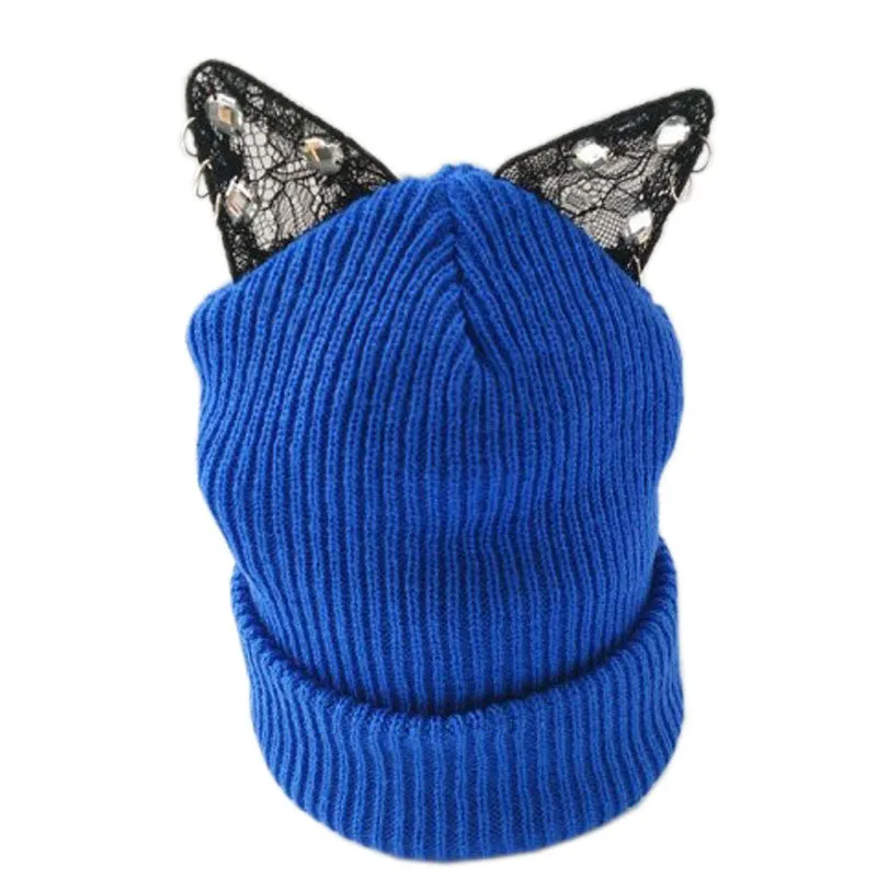 Winter Beanie Devil Cat Ear Lace Diamond Hat Crochet Braided Gorro Elastic Knitted Warm Ski Cap Beret Women Beanies 1MZ0500