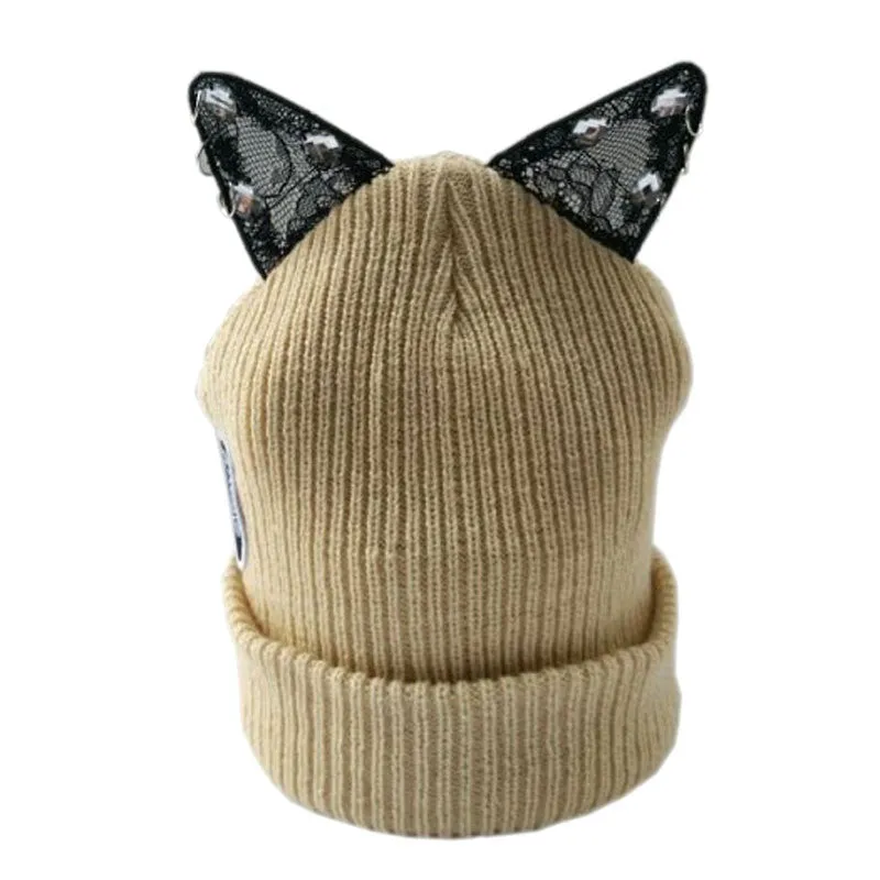 Winter Beanie Devil Cat Ear Lace Diamond Hat Crochet Braided Gorro Elastic Knitted Warm Ski Cap Beret Women Beanies 1MZ0500