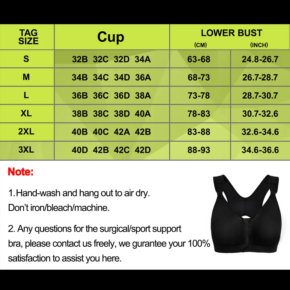 Women Post-Surgical Sports Support Bra Front Closure with Adjustable Straps Wire-free Racerback