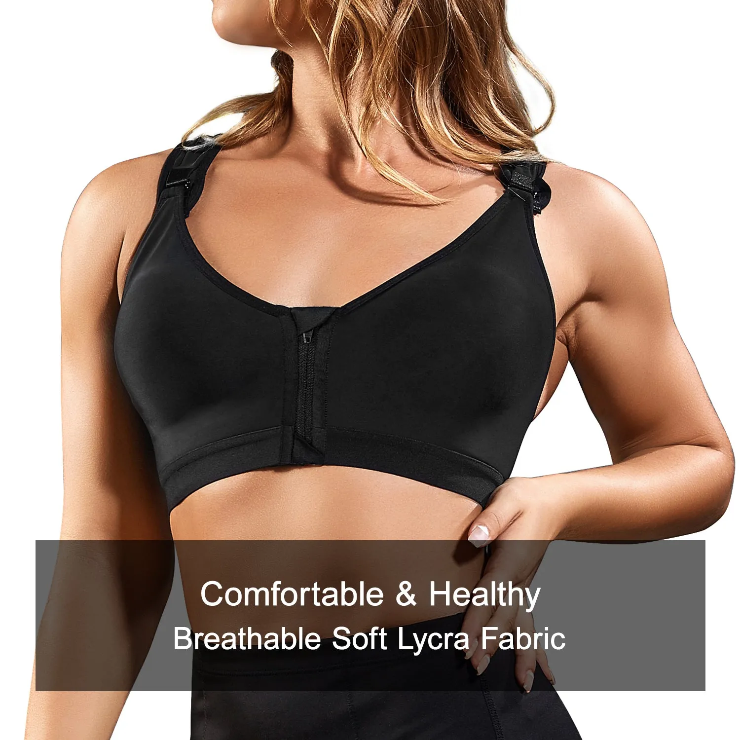 Women Post-Surgical Sports Support Bra Front Closure with Adjustable Straps Wire-free Racerback