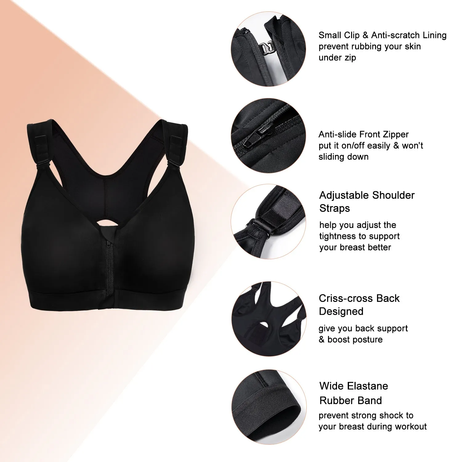 Women Post-Surgical Sports Support Bra Front Closure with Adjustable Straps Wire-free Racerback