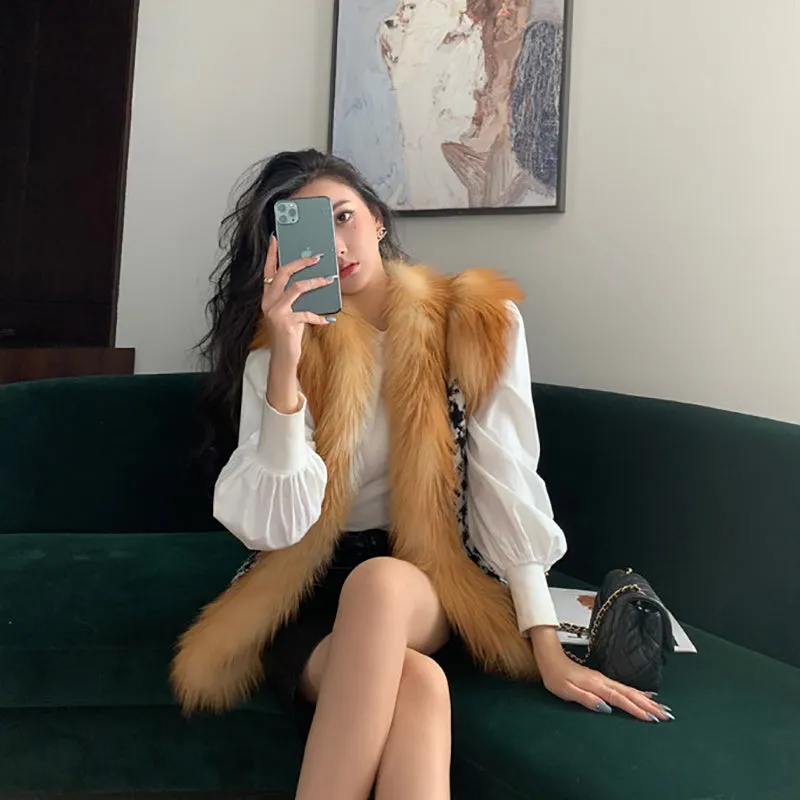 Women Real Fox Fur Vest Winter Fashion Gilets Luxury Warm Waistcoat