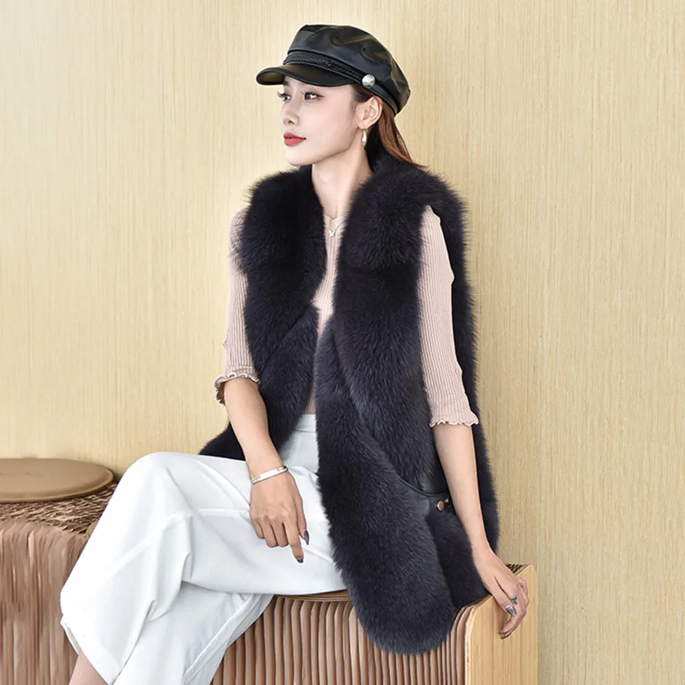 Women Winter Warm Fluffy Real Fox Fur Gilets Luxury Fluffy Long Vest