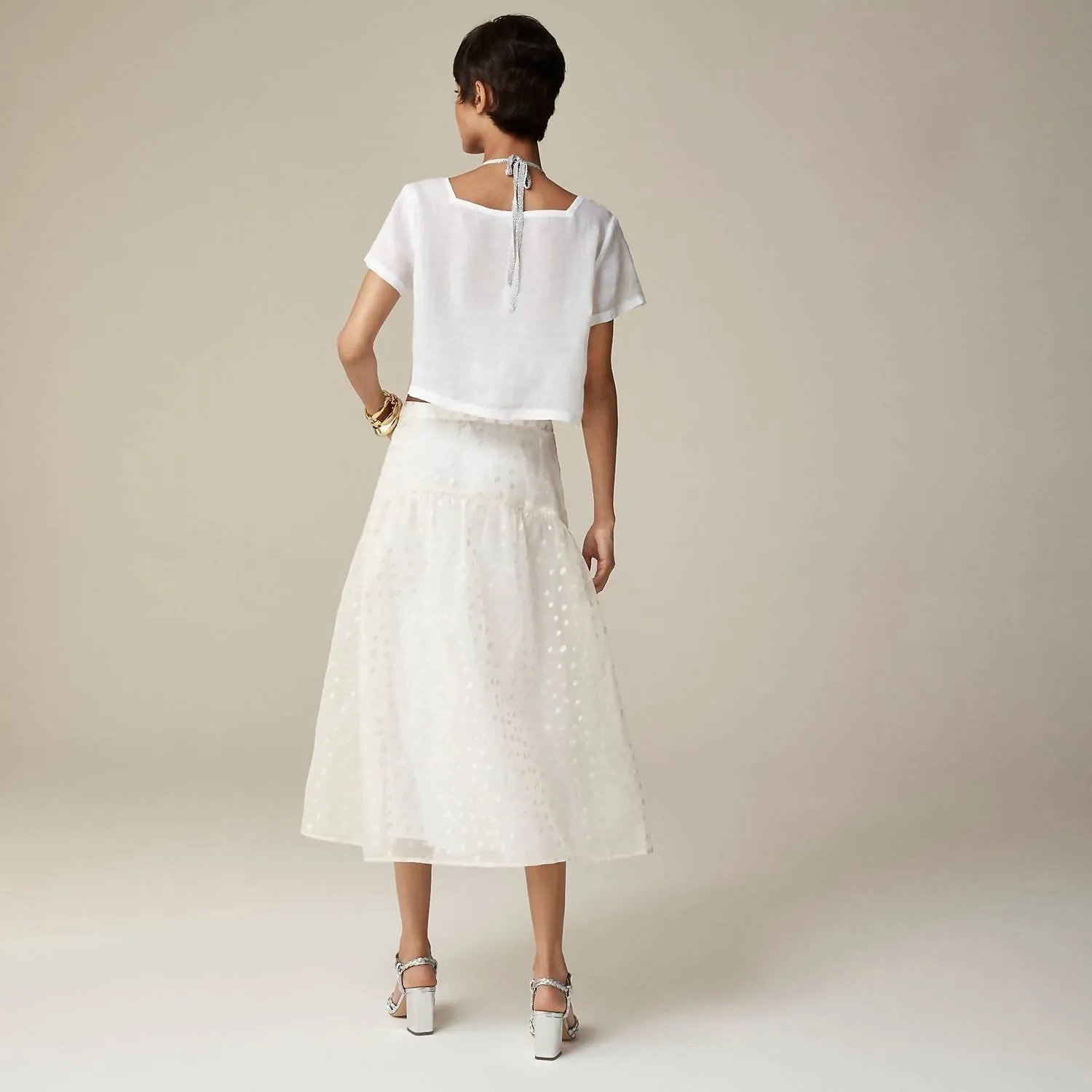X J.crew Drop-Waist Skirt In Embroidered Silk Organza In Parchment Silver