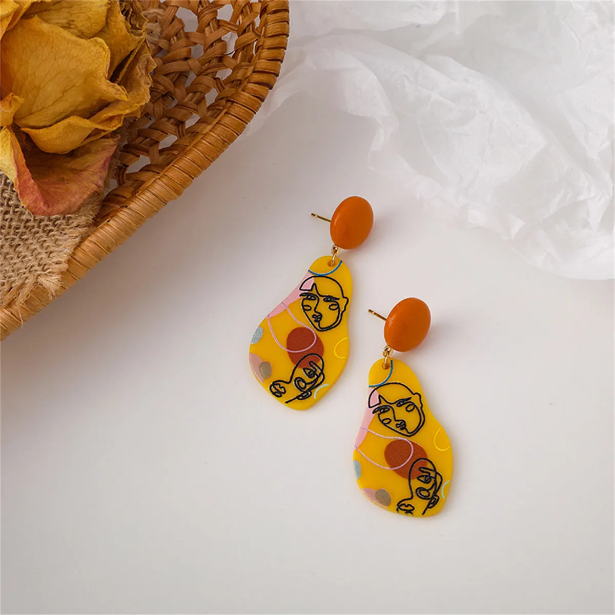 Yellow & Orange Drawing Geometric Drop Earrings
