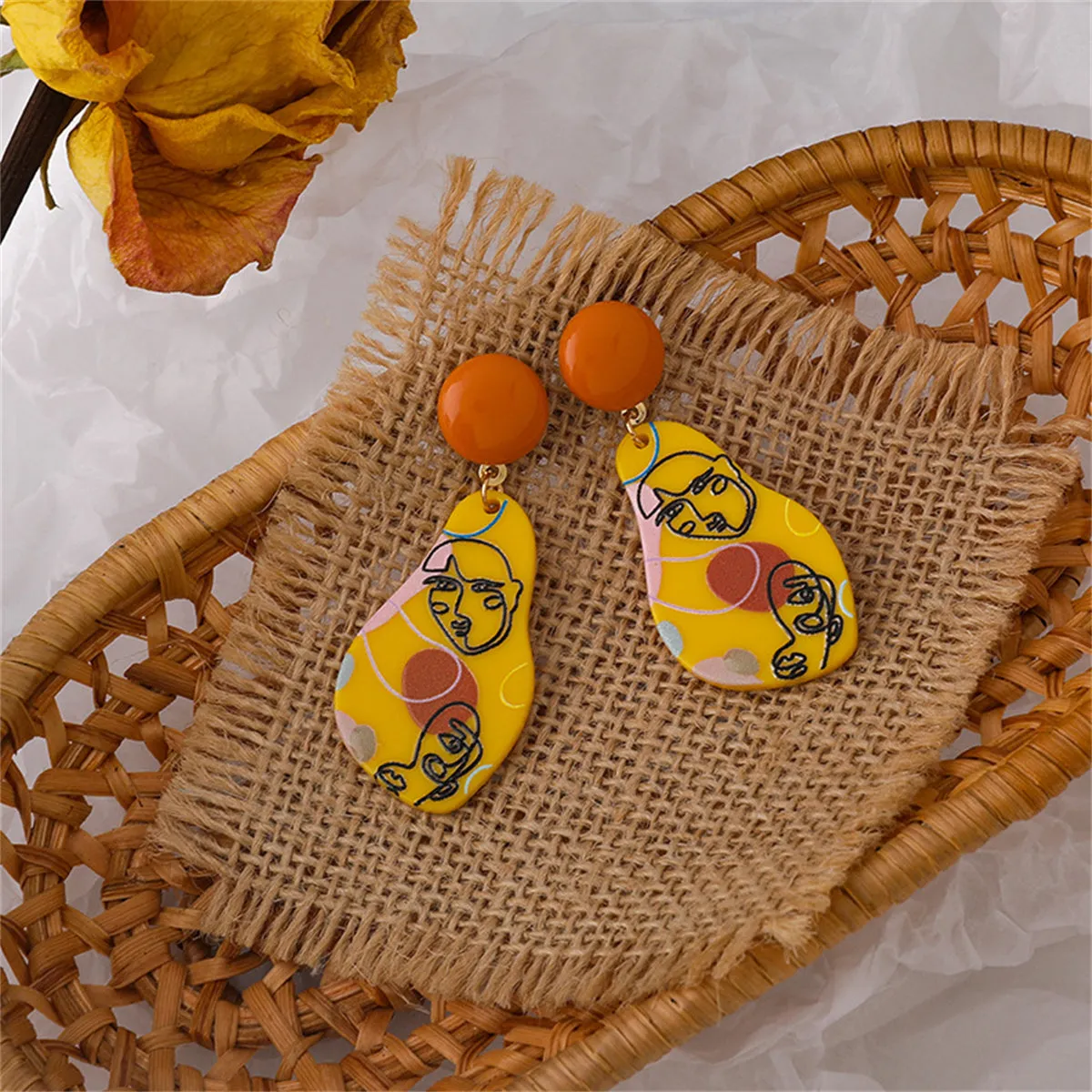 Yellow & Orange Drawing Geometric Drop Earrings