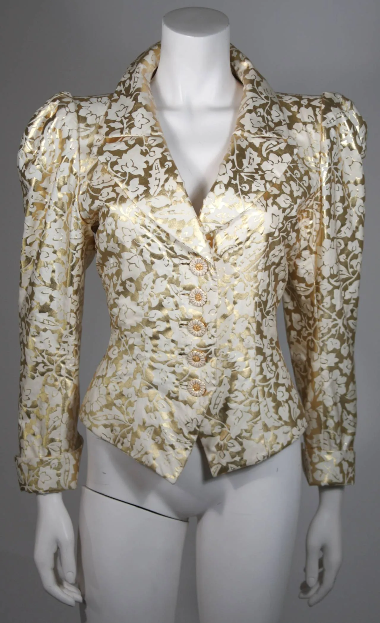 YVES SAINT LAURENT Gold Foil Jacket w/ Daisy Buttons Size 40