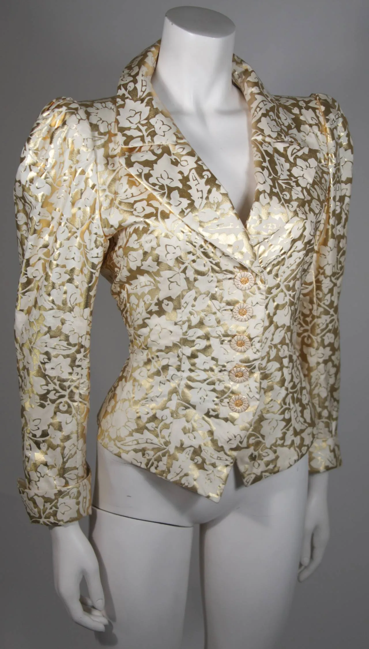 YVES SAINT LAURENT Gold Foil Jacket w/ Daisy Buttons Size 40